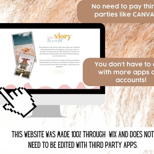 May include: A computer screen displaying a website with the text "Our Story" and a pink and white background. The text "This website was made 100% through Wix and does not need to be edited with third party apps." is displayed below the screen.