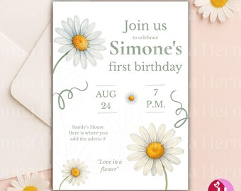 Edytowalny szablon zaproszenia Canva | Zaproszenie ślubne z kwiatowym motywem stokrotek | Cyfrowa kartka na wieczór panieński lub baby shower | Zaproszenie na pierwsze urodziny