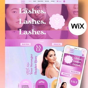 May include: A website design for a beauty salon, featuring a gradient background in shades of pink and purple. The design includes the text "Lashes" repeated multiple times, along with a "SALE" badge and a mobile phone mockup.