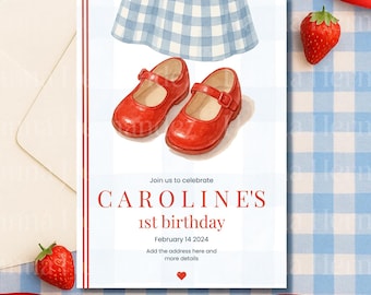 Zaproszenie urodzinowe „Red Shoes” dla dziewczynki | Edytowalny szablon Canva | Piknik w niebieską kratkę | Pobieranie cyfrowe | Inspirowane Czarnoksiężnikiem z Krainy Oz