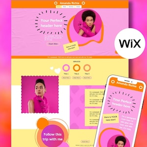 May include: A website design mockup with a pink and yellow color scheme. The website features a woman wearing pink gloves and a pink top. The text on the website reads "Your Perfect header here" and "Here is YOUR new start!" The website is designed using Wix.