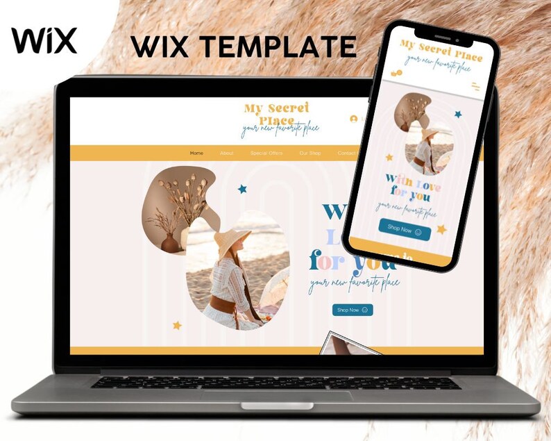 May include: A laptop computer displaying a website with the text "My Secret Place" and a photo of a woman in a straw hat sitting on a beach. The website has a yellow and pink color scheme and features a button that says "Shop Now".