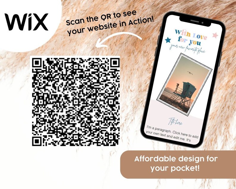 May include: A QR code with a smartphone displaying a mobile website design template with the text "With Love for you" and a sunset beach scene. The text "Affordable design for your pocket!" is at the bottom of the image.
