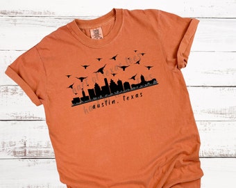 BAT SHIRT CRAZY!  Luxury Comfort Colors short-sleeve or long-sleeved tees. Austin bat-inspired original design.   Austin skyline.