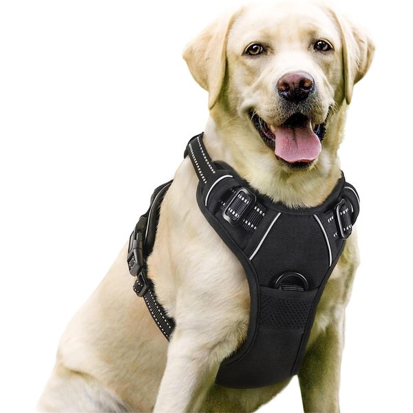 Dog Harness, No-Pull Pet Harness with 2 Leash Clips, Adjustable Soft Padded Dog Vest with Easy Control Handle for Large Dogs, Black