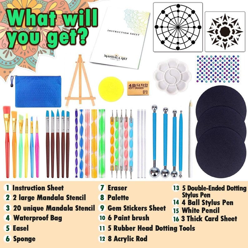 Kit Mandala Peinture 41 Pièces Pochoir Mandala Dotting Tools Galet a Peindre Mandala Utilisé pour le Dessin de Bricola KIT PEINTURE - Beaux-Arts et Loisirs créatifs