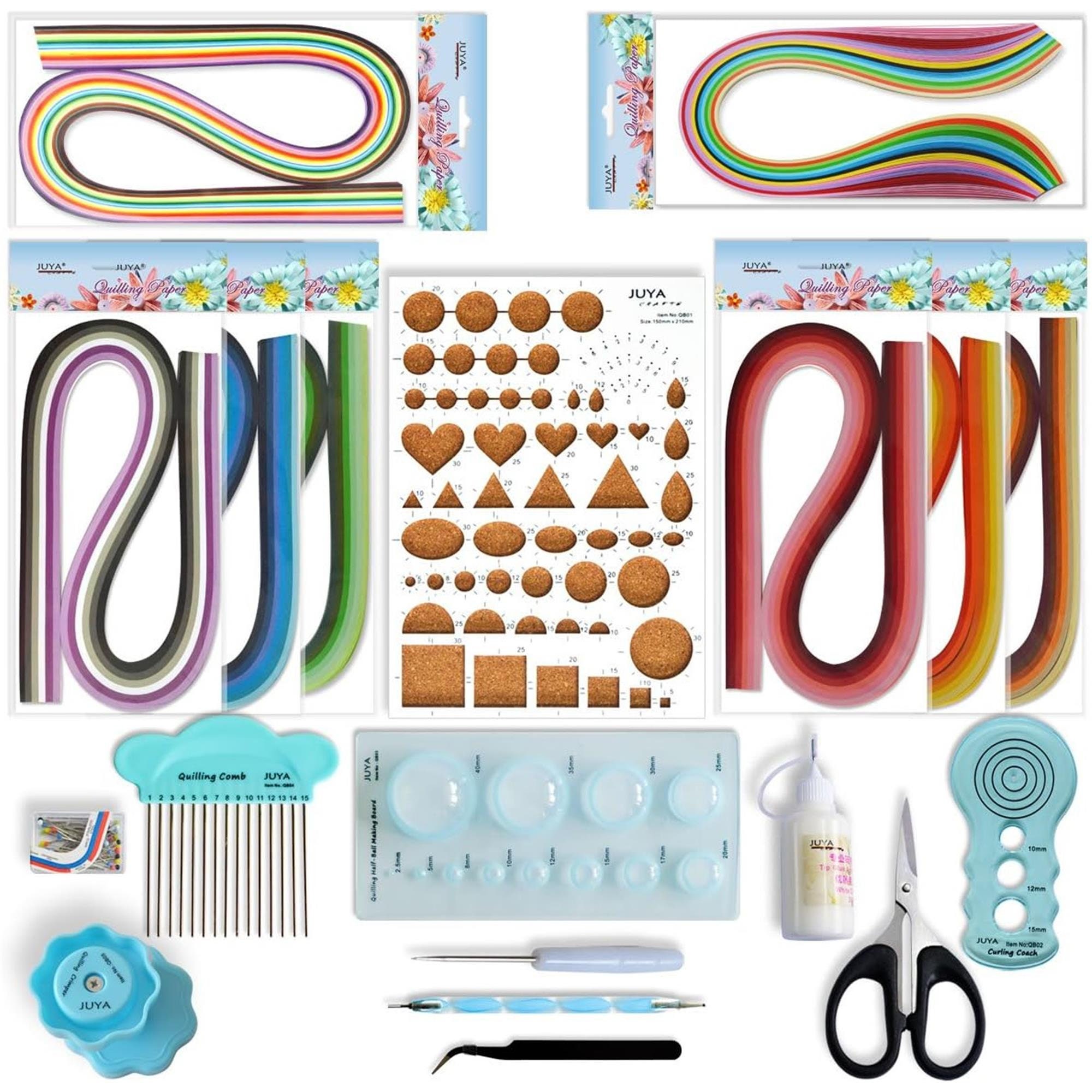 Colours Crafts Complete Quilling Kit - Quilling Materials with Wooden Frame, Template, Printed Background, Ruler, Quilling Tool, Paper Strips, Glue