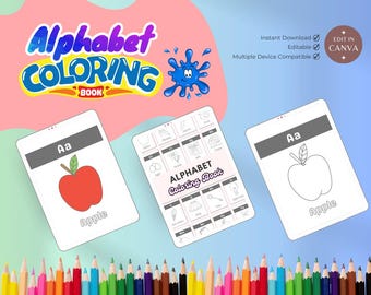 Printable Alphabet Coloring Book for Kids: A-Z Letters (Canva Editable PDF)