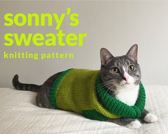 Sonny's calming cat sweater knitting pattern, PDF download for beginners, adult cat sweater turtleneck