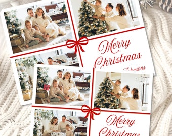 Christmas Photo Card Template, Canva Christmas Card, Horizontal Family Holiday Photo Card, Red Ribbon Boho 5x7 Printable