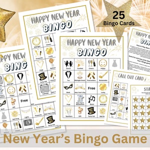Noworoczne Bingo do druku Gra na imprezę sylwestrową dla dzieci i dorosłych Natychmiastowe pobieranie Karty rodzinnej zabawy Bingo