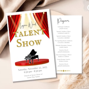 Könnte beinhalten: Ein Flyer für eine Talentshow mit dem Text "Logan Ward Talent Show" in goldfarbenen Buchstaben, mit einem Klavier auf einer roten Bühne. Der Flyer enthält Datum, Uhrzeit und Ort der Veranstaltung. Ein Programm mit einer Liste der Künstler ist ebenfalls abgebildet.