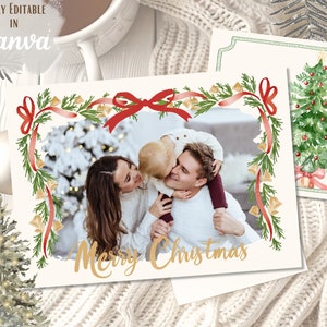 Plantilla de tarjeta navideña editable Plantilla de Canva de resumen del año Feliz Navidad Tarjeta navideña imprimible Diseño horizontal de Navidad boho