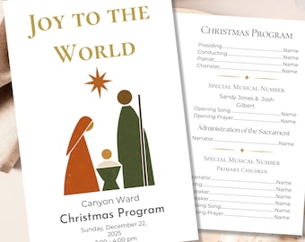 May include: A white Christmas program with the text "Joy to the World" in gold. The program features a nativity scene illustration and a detailed schedule for a Christmas service. The program is fully editable in Canva.