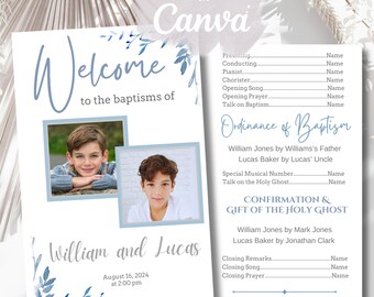 LDS Dual Baptism Program for Boys, Editable Canva Template, Twin or Joint Baptism Program, Blue Leaf Design, Folded 8.5x11