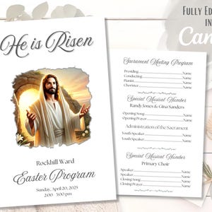 Könnte beinhalten: Druckbare Osterprogrammvorlage für einen Gottesdienst. Die Vorlage hat einen weißen Hintergrund mit grauem Text und einem Bild von Jesus Christus. Der Text enthält den Titel "Er ist auferstanden", den Namen der Kirche, das Datum und die Uhrzeit des Gottesdienstes sowie die Namen der Redner und Musiker.