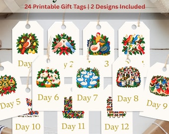 12 Days of Christmas Gift Tags Printable, 24 Holiday Tags, Numbered Gift Exchange & To From Tags PDF
