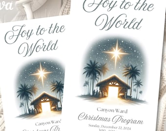 May include: Two white Christmas program flyers with the text "Joy to the World" and "Christmas Program." The flyers feature an illustration of a star over a stable with palm trees. The text "FULLY EDITABLE IN Canva" is in the upper left corner.