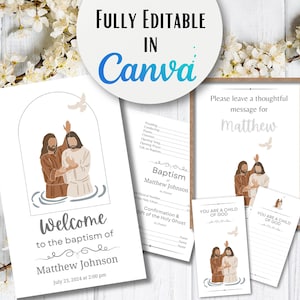 Puede incluir: Un cartel de bienvenida al bautismo imprimible con una ilustración marrón y blanca de Jesús bautizando a una persona. El cartel dice "Bienvenido al bautismo de Matthew Johnson 23 de julio de 2024 a las 2:00 pm".