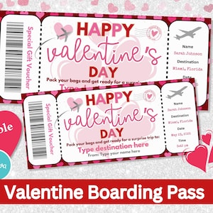 Carte d'embarquement modifiable pour la Saint-Valentin Chèque-cadeau pour la Saint-Valentin Voyage surprise Modèle Canva