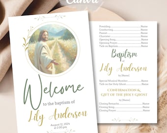 LDS Baptism Program Template – Boy or Girl | Green & Gold Canva Printable 8.5x11