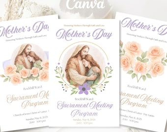 May include: Three printable program templates for a Mother's Day sacrament meeting. Each template features a watercolor illustration of Jesus and Mary, a floral design, and the text "Mother's Day" and "Sacrament Meeting Program".