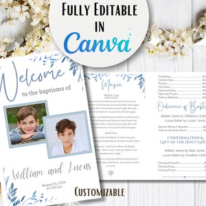 May include: A blue and white printable baptism programme with a welcome message for William and Lucas. The programme includes a space for photos, music selections, and the order of service. The programme is customisable and fully editable in Canva.