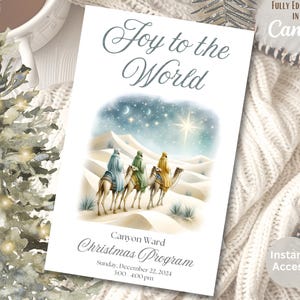Puede incluir: Un programa de Navidad con el texto "Joy to the World" y una ilustración de tres figuras sobre camellos en un paisaje desértico bajo un cielo estrellado. El programa incluye el texto "Canyon Ward Christmas Program" y la fecha "22 de diciembre de 2024".