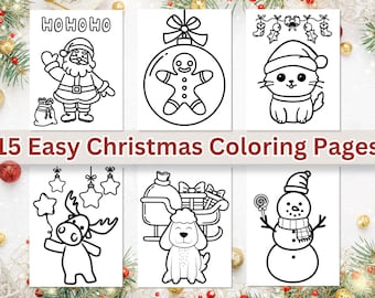 May include: A collection of 15 easy Christmas coloring pages. The pages feature line art illustrations of Santa Claus, a gingerbread man, a cat in a Santa hat, a reindeer, a dog with a sleigh, and a snowman. The text "15 Easy Christmas Coloring Pages" is also present.