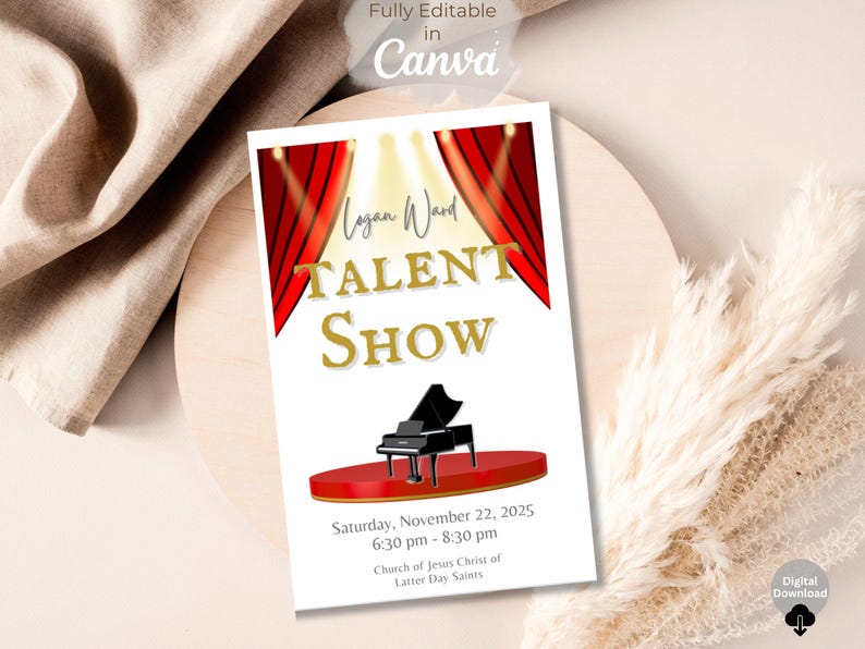 May include: A white flyer with the text "Logan Ward TALENT SHOW" in gold lettering, featuring a piano on a red stage. The flyer includes event details: Saturday, November 22, 2025, 6:30 pm - 8:30 pm, and the church name.