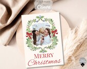 Editable Christmas Photo Card Template, Canva Holiday Card, Vintage Wreath Design, Instant Download