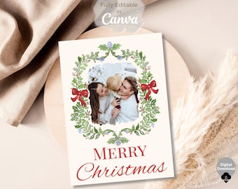 Editable Christmas Photo Card Template, Canva Holiday Card, Vintage Wreath Design, Instant Download