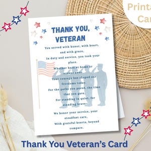 May include: A printable card with the text "THANK YOU, VETERAN" in blue. The card features an American flag and silhouettes of saluting soldiers. Decorative red, white, and blue stars are scattered around the card.