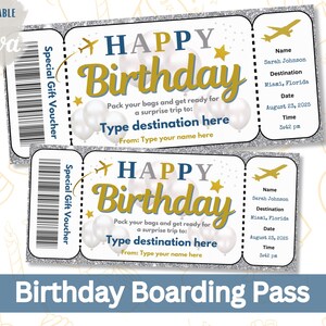 Tarjeta de embarque de cumpleaños editable Boleto de vacaciones sorpresa Boleto de avión imprimible Plantilla Canva Invitación de vacaciones personalizable Azul