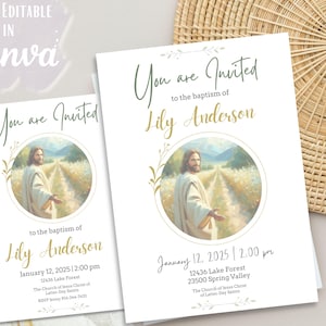 Plantilla editable de invitación de bautismo SUD: Diseño Canva verde y dorado (descarga digital, 13 x 18 cm)