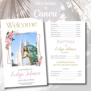 May include: A baptism program template featuring a white background with gold and pink text. The front displays a photo of a person in front of a temple, framed by geometric lines and floral accents. The back lists the order of service for the event.