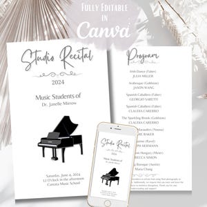 May include: A white studio recital program template featuring a black grand piano illustration, the text Studio Recital 2024, Music Students of Dr. Janelle Mirrow, and a program list. A smartphone displays the same design on its screen.