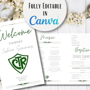 May include: A printable baptism program template with a green shield logo and the text "Welcome to the Baptism of Joshua Simmons" and "Music" and "Baptism of Joshua Simmons".