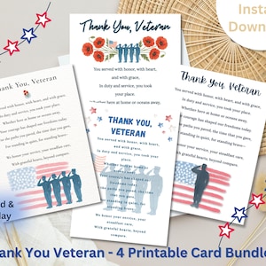 Pacchetto di biglietti di ringraziamento per veterani - 4 design stampabili con poesie - Biglietti per il Memorial Day - Download immediato - Regalo militare patriottico