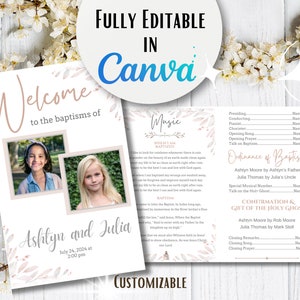 Könnte beinhalten: Ein druckbares Willkommens-Schild für eine Tauffeier mit Aquarell-Blumenmuster. Das Schild zeigt zwei Fotos von jungen Mädchen und den Text "Willkommen zu den Taufen von Ashtyn und Julia am 24. Juli 2024 um 14:00 Uhr".