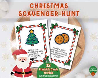 May include: A festive Christmas Scavenger Hunt game with 12 printable cards. The cards feature a Christmas tree and cookies, with clues to find hidden treats. A Santa illustration is also present.