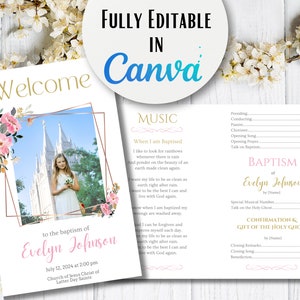 LDS Girl Baptism Program Template: Pink & Gold, Editable Canva Design (Digital Download