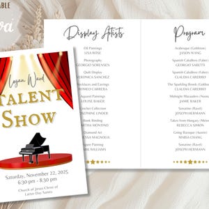 May include: A talent show flyer with a red stage, a black piano, and red curtains. The flyer includes the text "Logan Ward Talent Show" in gold lettering. The event is scheduled for Saturday, November 22, 2025, from 6:30 pm to 8:30 pm.