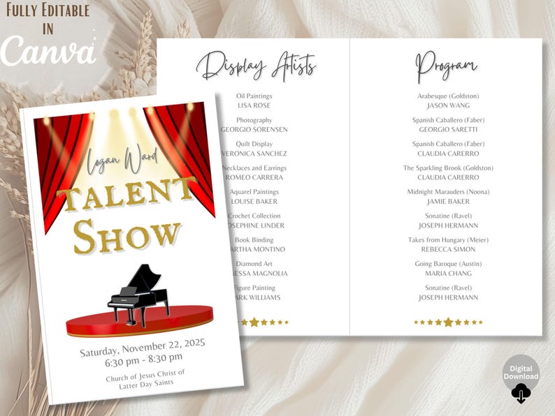 May include: A talent show flyer with a red stage, a black piano, and red curtains. The flyer includes the text "Logan Ward Talent Show" in gold lettering. The event is scheduled for Saturday, November 22, 2025, from 6:30 pm to 8:30 pm.
