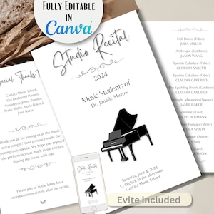 Puede incluir: Un programa imprimible blanco y gris para un recital de música. El programa presenta una ilustración en blanco y negro de un piano de cola y el texto "Studio Recital 2024 Music Students of Dr. Janelle Mirrow". El programa también incluye una lista de los artistas y sus selecciones musicales.