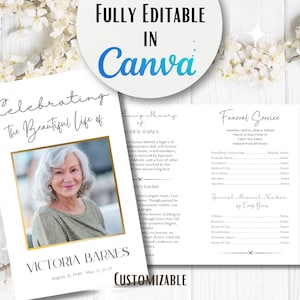 May include: A customizable funeral program template with the text "Celebrating The Beautiful Life of VICTORIA BARNES." The design includes a photo of a woman and the text "FULLY EDITABLE IN Canva."