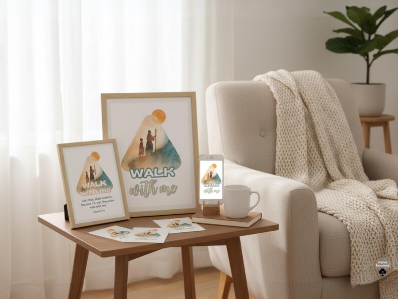 May include: Framed art prints and a smartphone display a watercolor design with the text "Walk With Me." The artwork features a family silhouette and a sun. A white mug and small cards are on a wooden table near a cream-colored armchair.