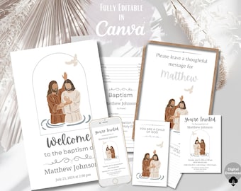 LDS Baptism Program Kit, Canva Baptism Invitation, 5x7 Printable Invite, Phone Invitation, Sign & Guest Note Cards
