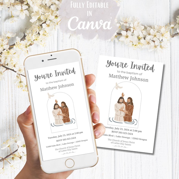 Editable LDS Baptism Invitation Template, Canva Evite, Printable Baptism Invitation, Boy or Girl Baptism Invite, Instant Download