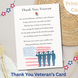 May include: A printable card with the text "Thank You, Veteran" and a poem honoring veterans. The card features an illustration of the American flag and saluting soldiers. Decorative stars in red, white, and blue are also present.